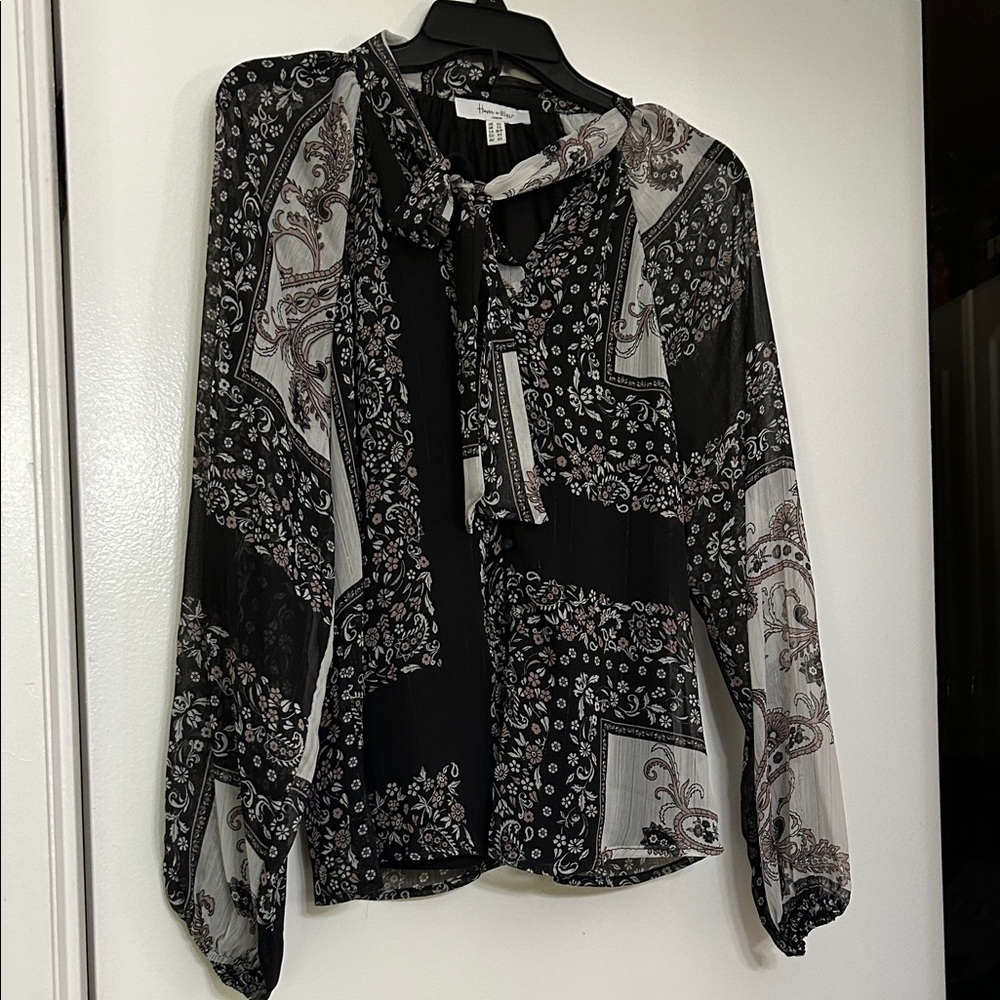Black Paisley Tie-Neck Long-Sleeve Blouse